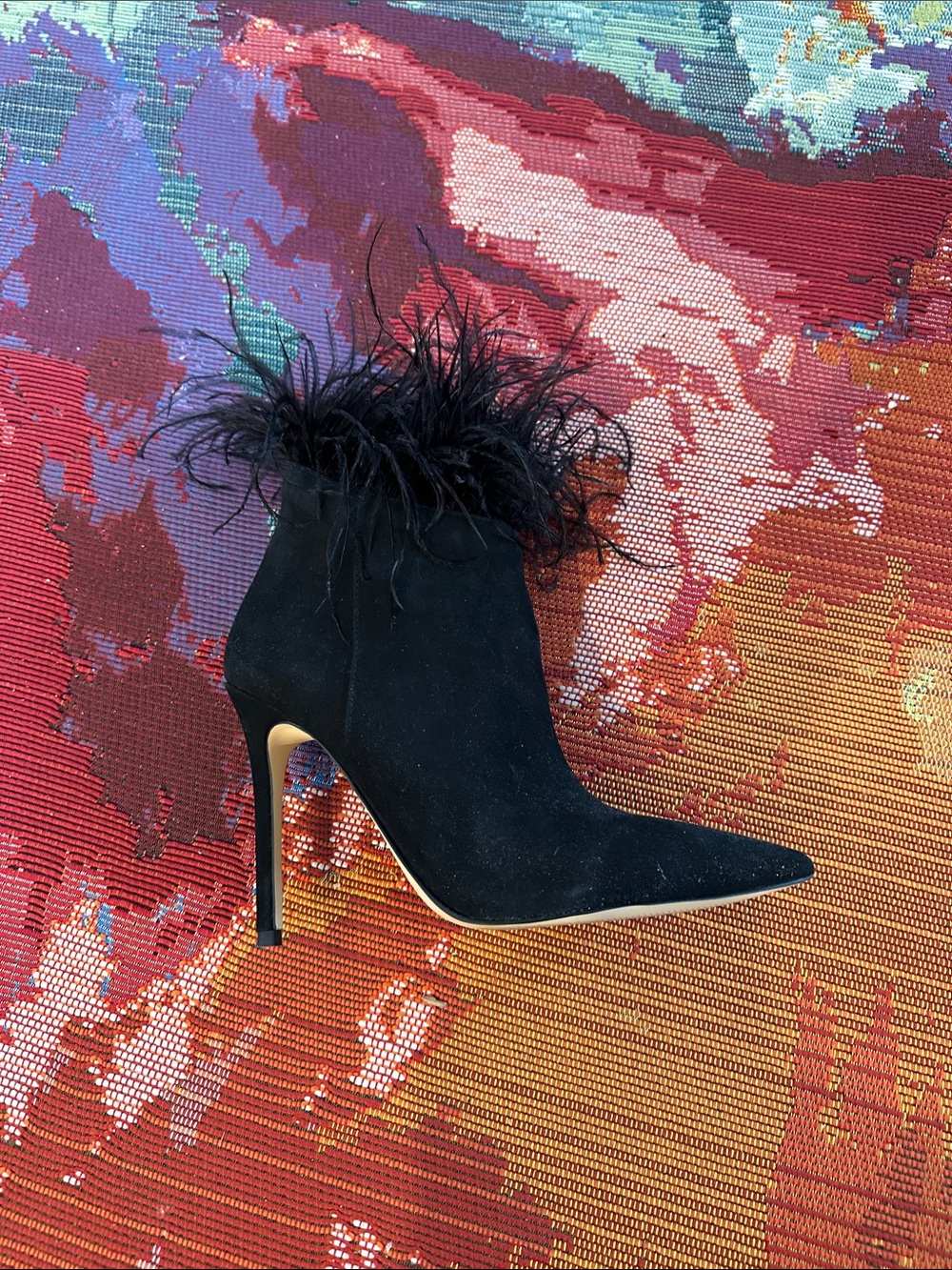Michael Kors Black Feather-Trim Suede Stiletto Bootie